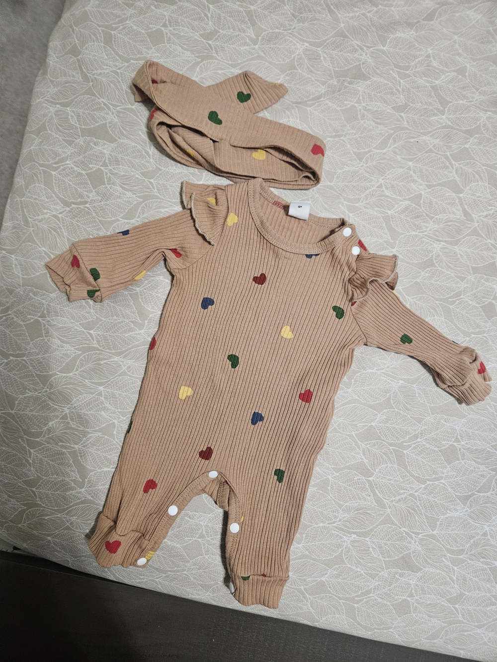 Beige Ribbed Baby One-Piece with Multicolor Heart Print